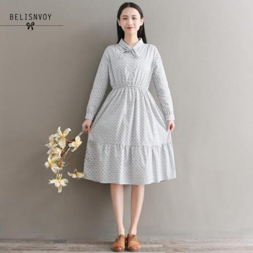 Japanese Preppy Style Spring Autumn Women Sweet Ruffles Dress Floral Printed Loose Vintage Dress Cotton Bowknot Kawaii Dress