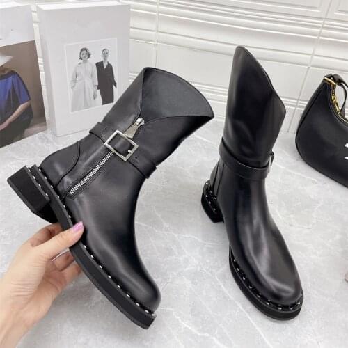 Winter womens high-heeled boots with round toe and thick-soled rivet decoration high-heeled boots fashion party high-heeled boo