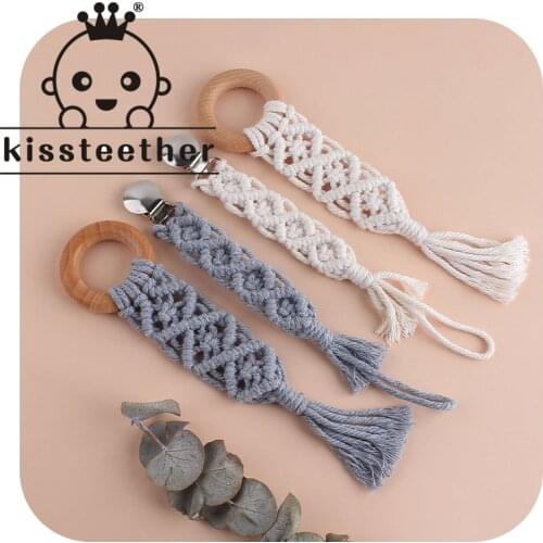 Kissteether 1set Baby Wooden Teether Pacifier Clip Chain Hand-woven Rope Crochet Beads Rodent Soother Clip Baby Shower Gift