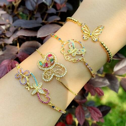 2021 Couple Unisex Jewelry Paved CZ Rainbow Butterfly Multicolor For Women Jewelry Gold Charm Crystal Adjustable Link Bracelet