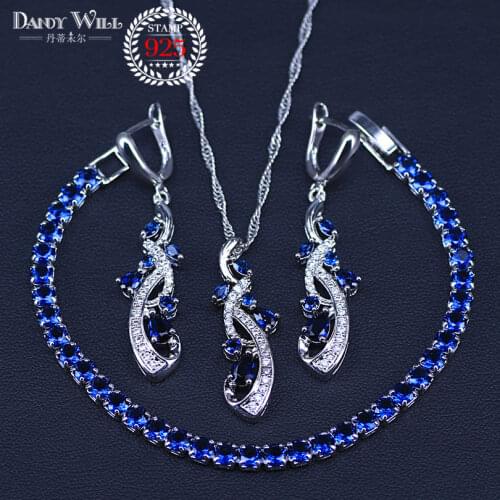 4PCS Blue Cubic Zirconia Silver Color Jewelry Sets For Women Bracelets Necklace Pendant Earrings Sets Pretty Present