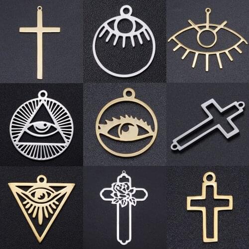 5pcs/lot Religious Cross DIY Charms Wholesale 100% Stainless Steel Evil Eye Connectors Charm Horus Hamsa Hand Jewelry Pendant