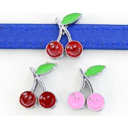 8mm Hole Red Pink Smile Cherry Fruit Slide Charms Slide Beads DIY 8mm Bracelets Wristbands,Belt Straps Pet Name Collar 10PCS