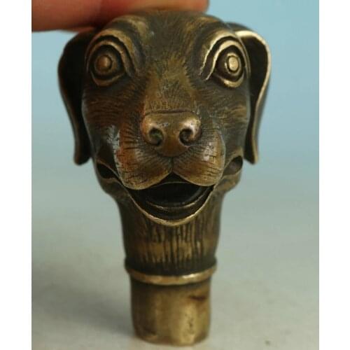 Asian Chinese Old Bronze Handmade Carved Dog Collect Statue Walking Stick Head