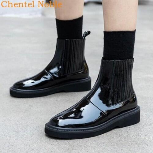 Luxury Brand Chentel 2019 Autumn New Patent Leather Gold Buckle Chelsea Boots Flats Fashionable Boots Shoes Zapatos De Mujer
