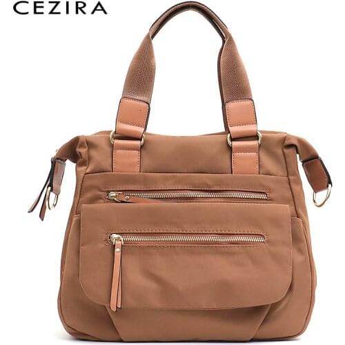 CEZIRA Brand Design Nylon&PU Leather Tote Bag For Women Zip Pockets Functional Handbags Female Casual Shoulder Crossbody Bucket