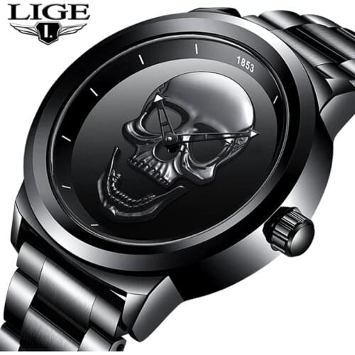 Men 3D Skull Watch LIGE Top Brand Quartz Stainless Steel Watchs Men Fashion Business Waterproof Creative Clock Relogio masculino