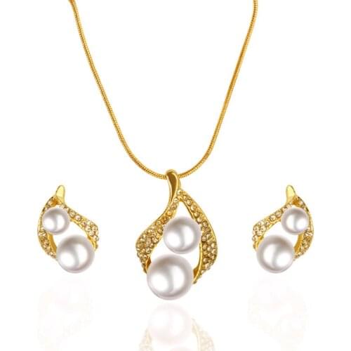 Double Simulated Pearl Shiny Crystal Surround Golden Lace Pendant Elegant Jewelry Sets Earrings Necklace For Women