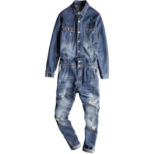 Men Motorcycle Biker Denim Overalls Male Slim Fit Ripped Strap Jeans Mens Suspender Pants Long Sleeve One Piece Jumpsuit Hip Hop