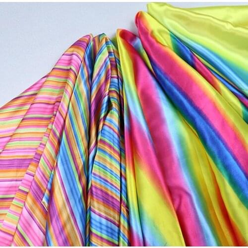 Gradient Colorful Imitation Silk Print Satin Fabrics Sewing Handmade Dress Costume HouseholDIY Decor Cloth Rainbow Stripe Fabric