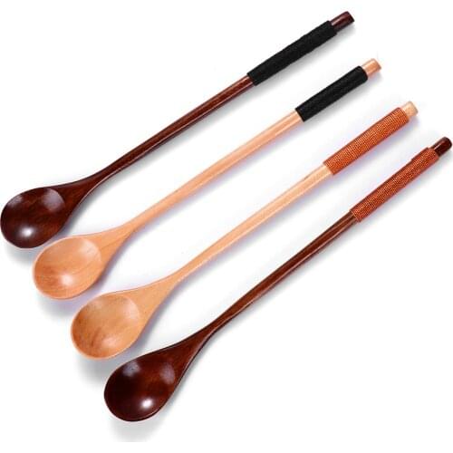 Long Handle Wooden Spoon Natural Solid Wood Coffee Tea Spoons Lengthening Stirring Cooking Catering Scoop Cook Tools Mini Small
