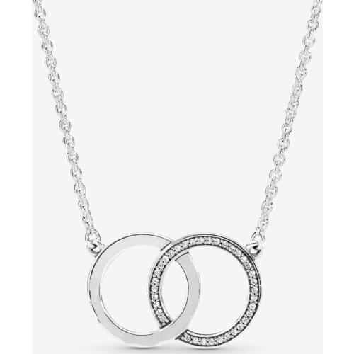 Free Shipping Authentic 925 Sterling Silver Entwined Circles Logo & Sparkle Collier Necklace Charm For Women DIY Jewelry