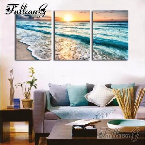 FULLCANG diy 5d diamond embroidery summer sunset surf landscape triptych painting 3pcs/set full square/round drill decor FC775