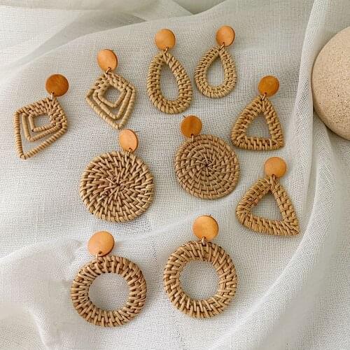 YAOLOGE 2019 New Korea Handmade Wooden Straw Woven Rattan Vine Braid Geometric Large Circle Long Drop Earrings For Women Girl