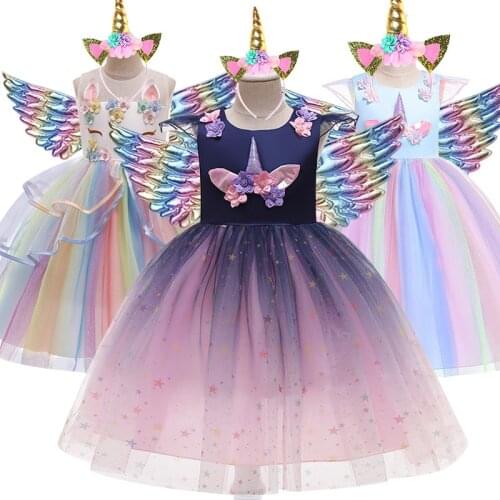 2021 Unicorn Girl Summer Dress For 4 6 8 10 Years Girls Clothing Kids Birthday Party Princess Costume Halloween Cosplay Dresses