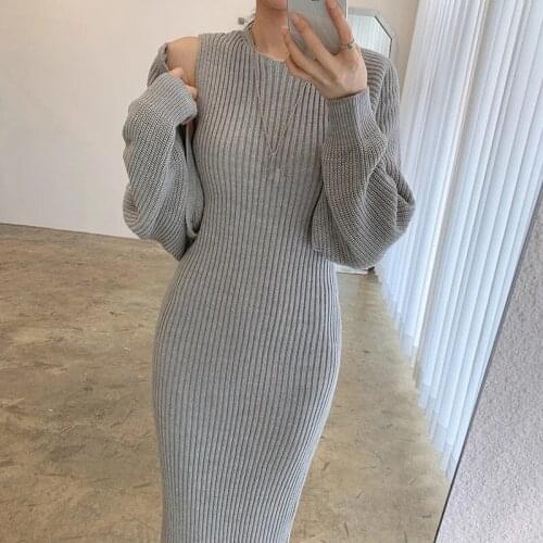 ZAWFL Autumn Winter Sweater 2 Piece Set Korean O-neck Vest Knitted Dress Long Sleeve Knit Cardigans Sets Two Piece Outfits Women
