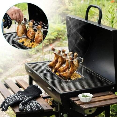 BBQ Beef Chicken Leg Wing Grill Rack Stainless Steel Barbecue Drumsticks Holder Smoker Oven Roaster Stand With Drip Pan