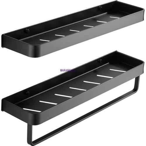 Bathroom Black Shelf with Towel Bar Space Aluminum Corner Shelves Towel Rack with Hook Shampoo Holder Kitchen Storage Rack