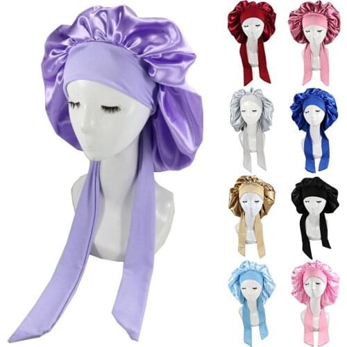 Women Large Satin Silky Soft Nightcap Solid Color High Elastic Band Sleep Hat With Ribbon Head Wrap Shower Cap Turban Cover