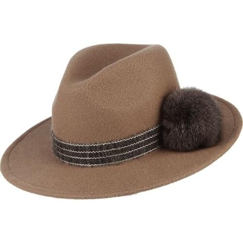 Ladies Elegant Fedoras Hat Women European American Striped Hairball Decorated Fedora Cap Female Flat Eave Jazz Causal Hats H7196