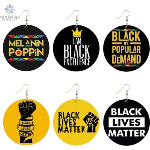 SOMESOOR Black Lives Matter Saying Trendy Women Print Jewelry Natural Wood Drop Earrings Melanin Poppin Afro Power Fist Pattern
