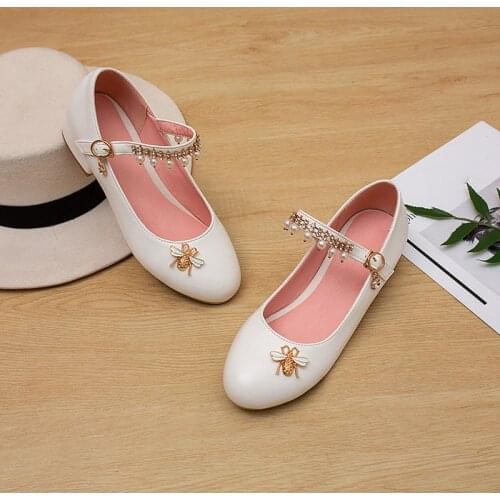 YQBTDL Summer 2020 String Bead Low Heel Pumps Crystal Mary Jane Womans Shoes Chunky Heels White Pink Wedding Party Bride Shoes