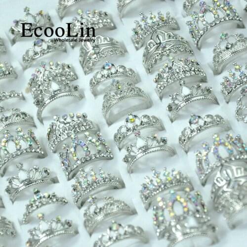 50Pcs EcooLin Jewelry Fashion Zircon Shiny Crown Silver Plated Rings Lots For Women Bulk Packs LR4024
