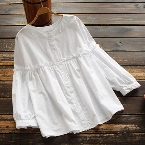 100% Cotton Women White Shirts Summer New 2021 O-Neck Loose Ruffles Elegant Female Blouse Outwear Tops