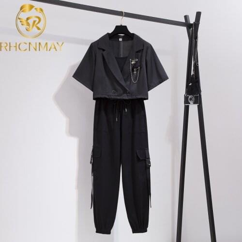 2021 Summer New Two-piece Cargo Pants Women High Waist Joggers Women 2 Piece Suit Short-Sleeved Shirt + High Waist Trousers