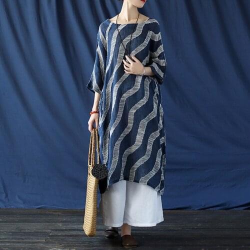 Johnature Women Striped Linen Dresses O-Neck Seven Sleeve Loose Robes 2021 Autumn New Vintage Original Female Dresses