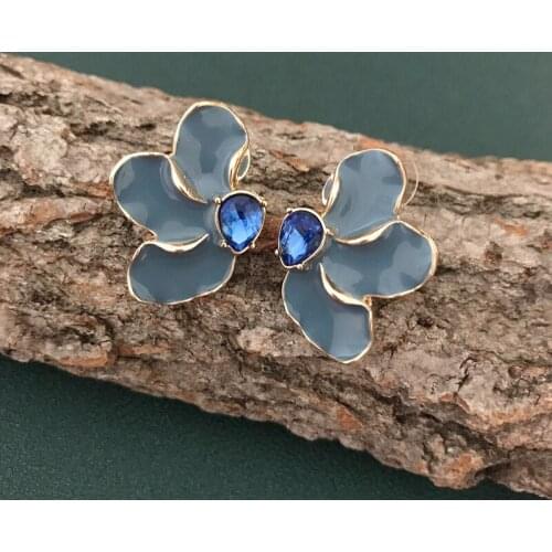 Light Blue Enamel Flower Earrings Glass Stones Alloy Office New For Women Girls
