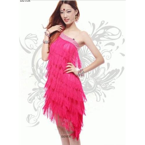 2017 Latin dance woman costume party evening cocktail dress tassel diamond performance Asymmetric irregular dresses 6 colors
