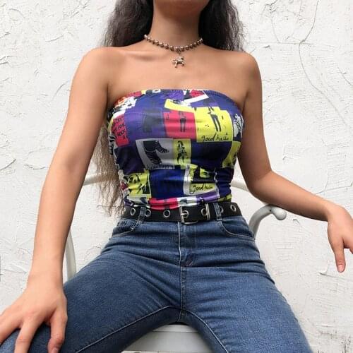 Womens Bandeau Crop Tops Sleeveless Strapless Portrait Letter Print Stretchy Tube Tops
