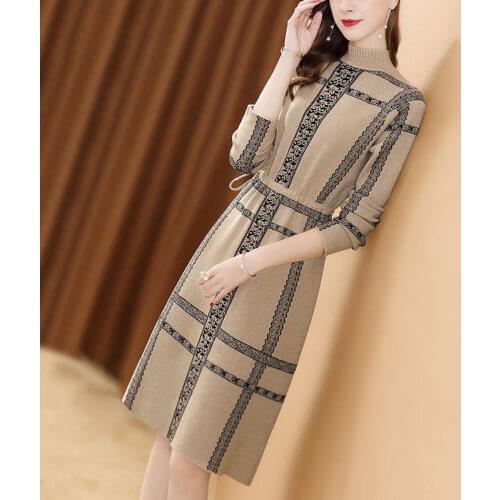 Autumn Winter Vintage Plaid Print Draw String Dresses Warm Women Knitted Half High Collar Dresses Elegant Female Sweater Dresses