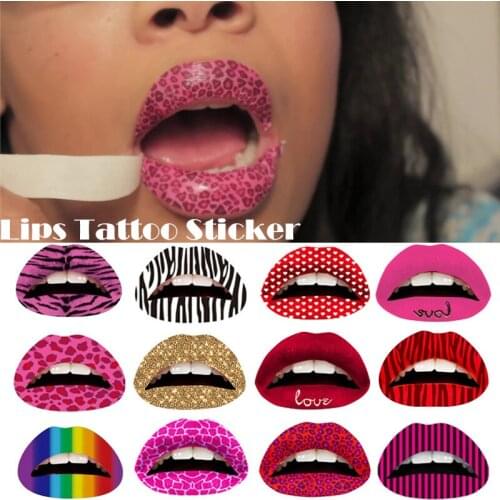 3D Art Lips Sticker Glitter Pink Sexy Lips Makeup Tattoo Lip Sticker DIY Tattoo Decals Lip Shape Neck Bosom Sticker Party Makeup