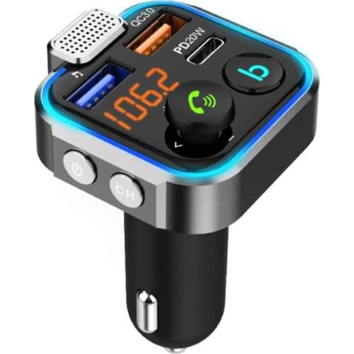 Bluetooth5.0 FM Transmissor Car Handsfree Hi-Fi Music Player 2 USB QC3.0 + Type-C 20W Support U Disk Work With Google Assistant