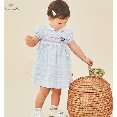 DBH16398 dave bella summer baby girls cute bow plaid print dress children fashion party dress kids infant lolita clothes