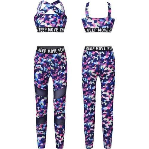 Toddler Kids Girls Workout Tracksuits Gym Sport Suits Sports Wear Wide Shoulder Strap Sport Crop Top High Waist Pants Sport Set