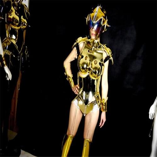 ES005 Ballroom dance gold mirror costume stage catwalk wears dj dresses party outfit robot suit women outfit performance clothes