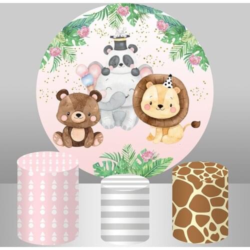 Jungle Safari Party Round Backdrop Cover Cartoon Animal lion Baby Elephant Banner Party Decor Kid 1st Birthday Circle Background