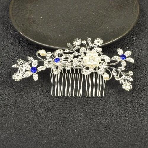 New Design Silver Color Flower Alloy Hair Combs Wedding Hair Accessories Blue Crystal Bridal Head Decoration Hair Ornament