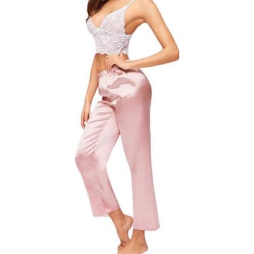 Women Lingerie Set, 2pcs See Through Floral Lace Sling Back Buckle Top Long Smooth Solid Color Long Pant Underwear Sleepwear Set