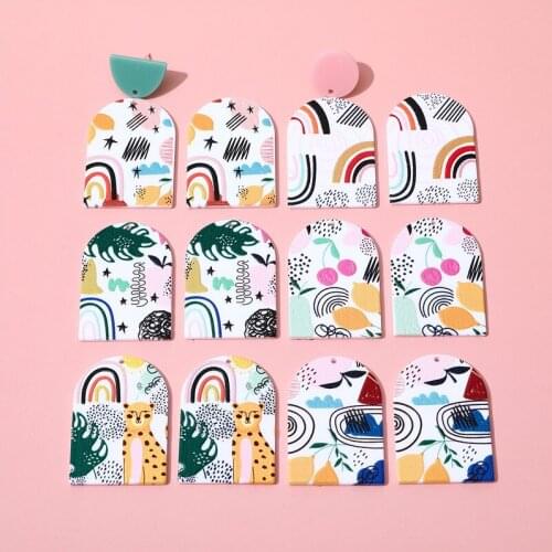 Min order 10pcs/lot Relief effect animals/plant pattern print geometry Arched shape acrylic beads diy jewelry earring accessory