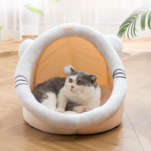 Cartoon Cat Basket Small Pets Puppy Dog Lounger Bed Cave Detachable Cushion Mattress with Plush Ball Toy Indoor Cats House