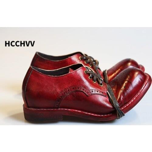 Mens Vintage Brock Brogue carved leather head low cut shoes tooling casual shoes men and women wine red