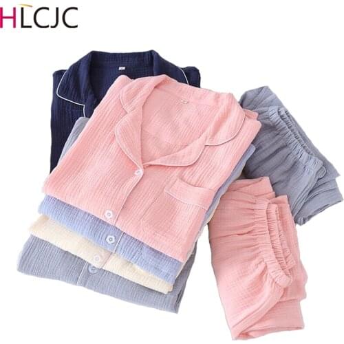 New Couple Pajamas Set Spring And Autumn 100% Cotton Crepe Solid Women Pyjamas Plus Size Long Sleeve Sleepwear Men Lounge Pijama