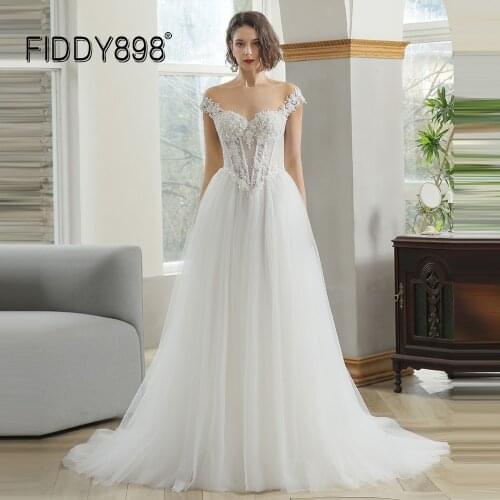 FIDDY898 A-line Elegant Tulle Bridal Dresses Long Fashion Lace Off Shoulder Plus Size Wedding Dress 2021 Bride Gown