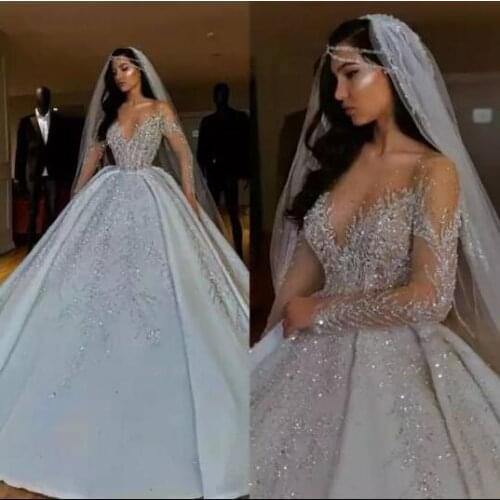 Luxury wedding dresses Sheer Neckline major beading sequins long sleeve elegant wedding gown vestido de noiva