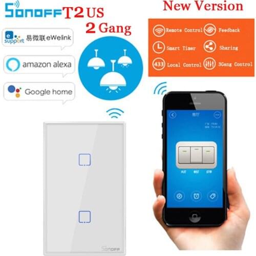 Sonoff T2 US 2gang WiFi Smart Switch/RF/433/Wall Touch Wireless Switches With Tempered Crystal Glass Panel Smart House IOT