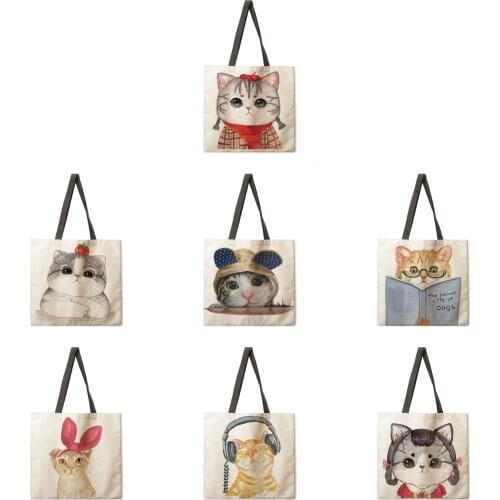 Watercolor cat print tote bag linen fabric bag casual folding shopping bag outdoor beach bag daily handbag